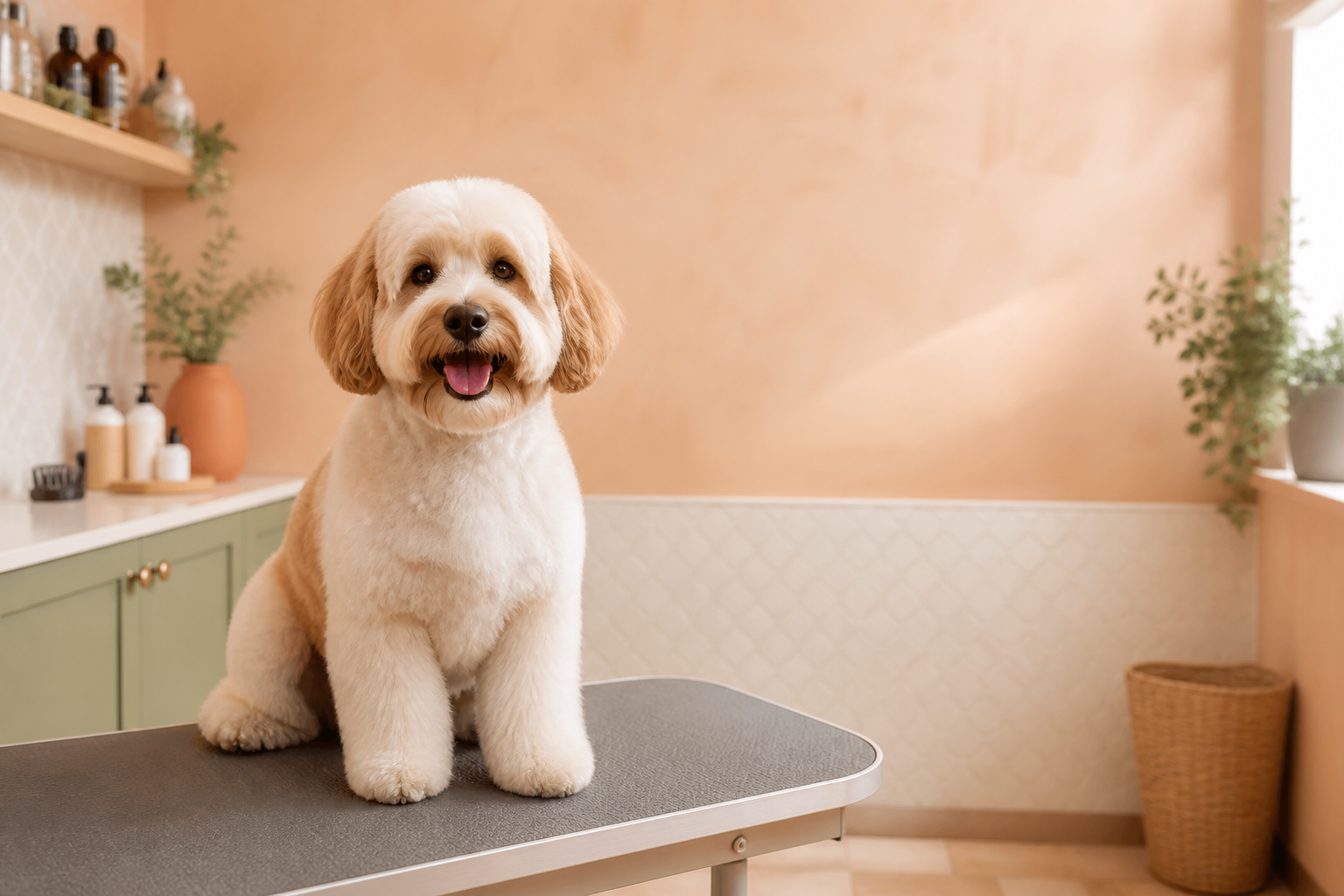 Freshly groomed happy dog in a warm boutique grooming studio