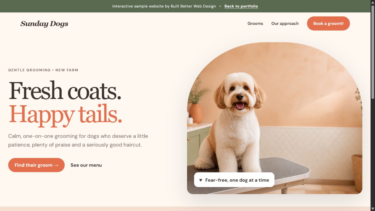 Opening page of the Sunday Dogs Grooming sample website