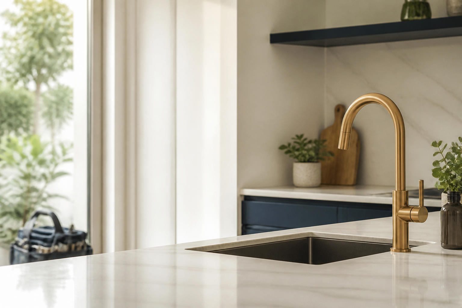 Modern kitchen sink with brushed brass tap