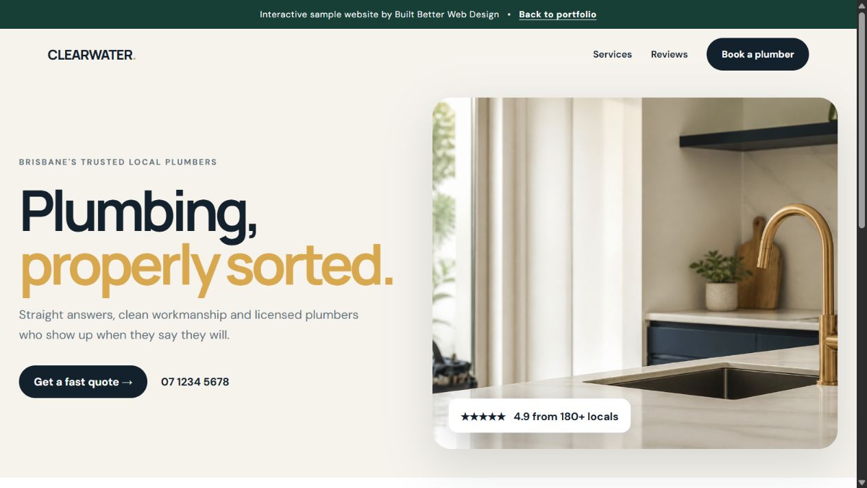 Opening page of the Clearwater Plumbing sample website
